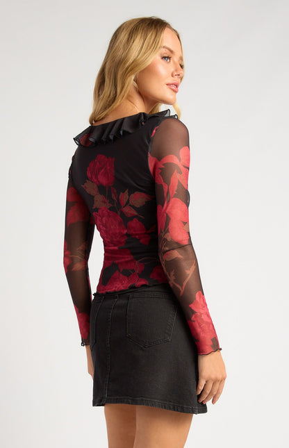 Floral Print Mesh Top with Frill Detail Neckline