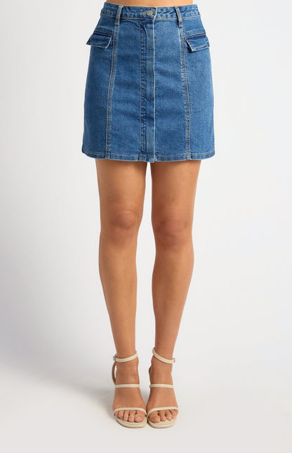 Flap Pocket Detail Stretch Denim Skirt
