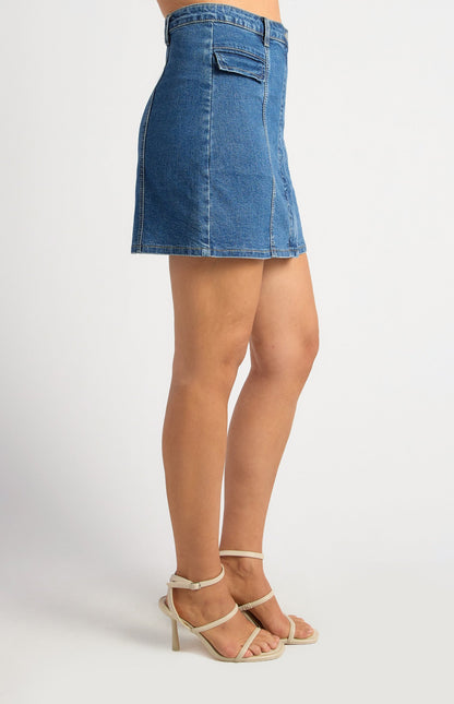 Flap Pocket Detail Stretch Denim Skirt