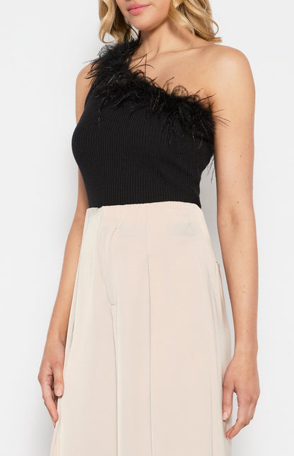 One Shoulder Feather Trim Neckline Knit Top