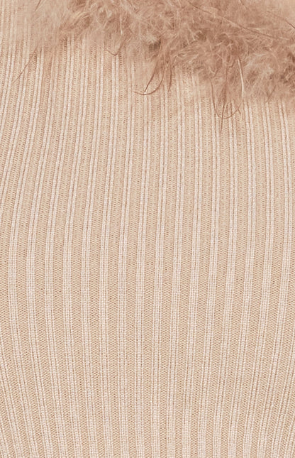 One Shoulder Feather Trim Neckline Knit Top