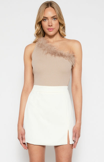 One Shoulder Feather Trim Neckline Knit Top