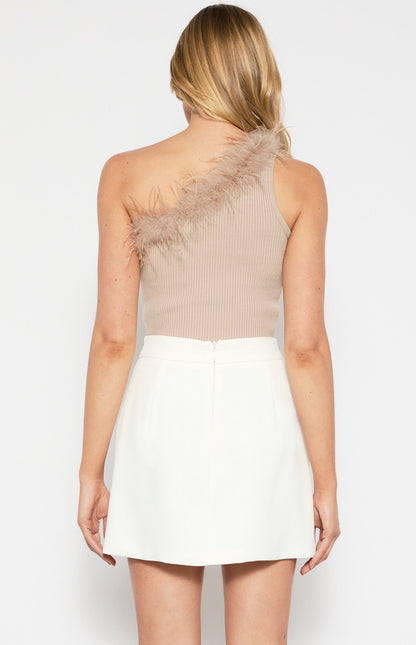 One Shoulder Feather Trim Neckline Knit Top