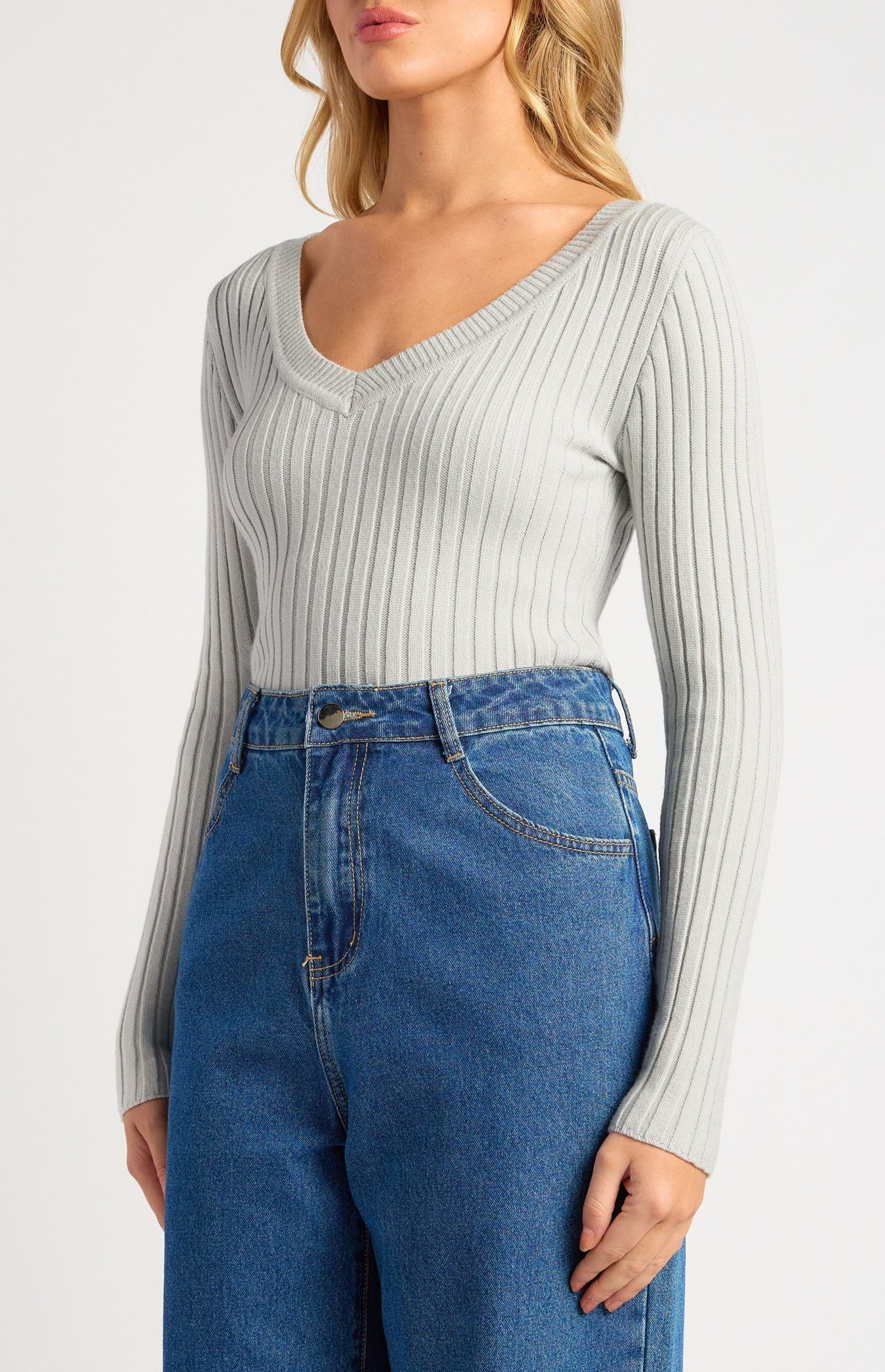 V-Neckline Wide Rib Knit Top
