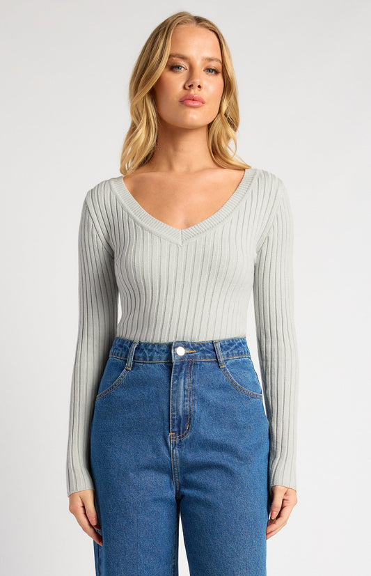V-Neckline Wide Rib Knit Top