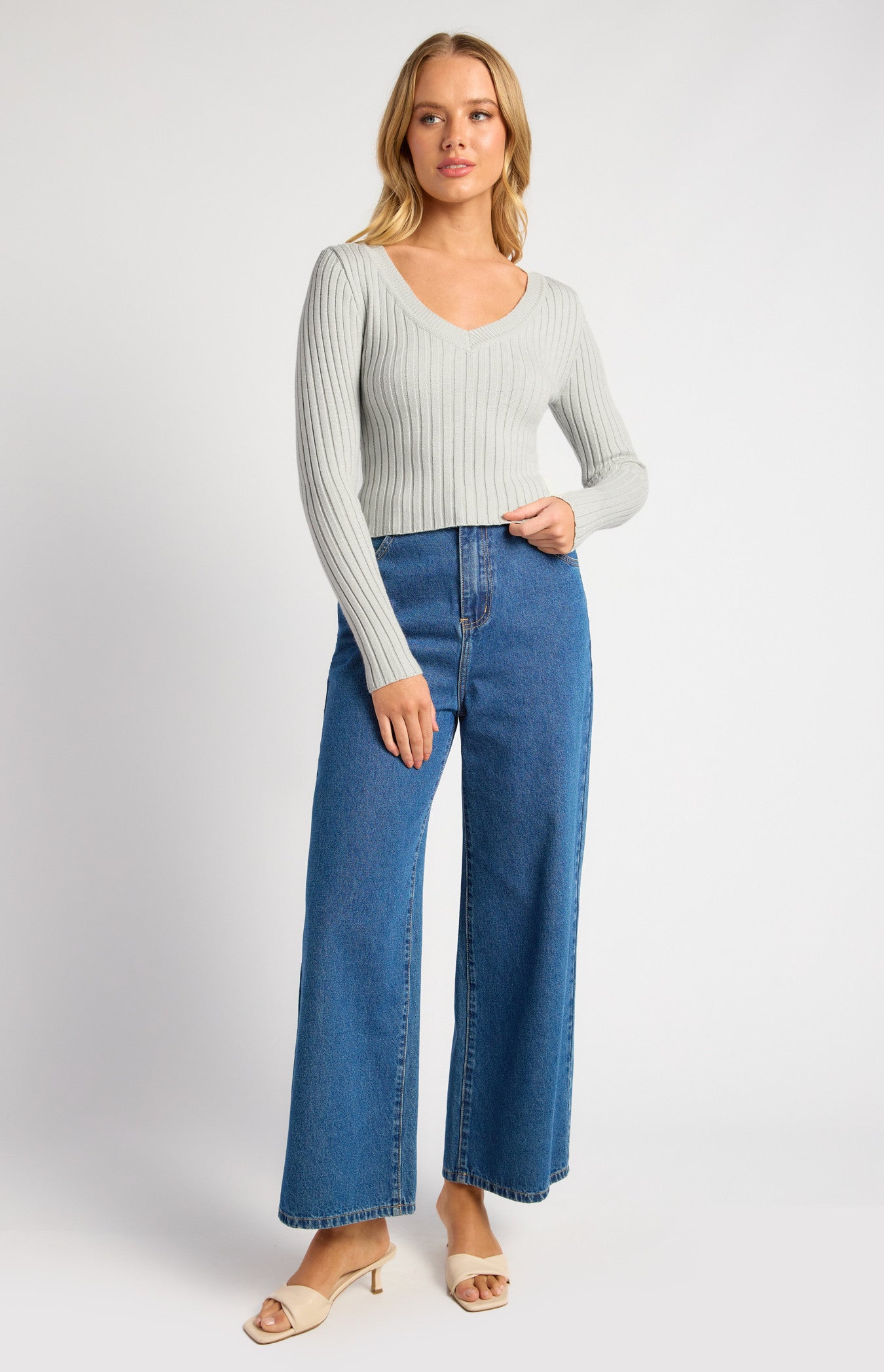V-Neckline Wide Rib Knit Top