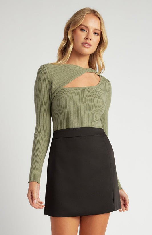 Twist Neckline Cut-Out Detail Knit Top