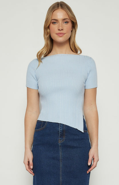 Asymmetric Hem Boat Neckline Knit Top