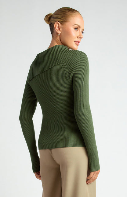 Draped Neckline Asymmetrical Button Knit Top