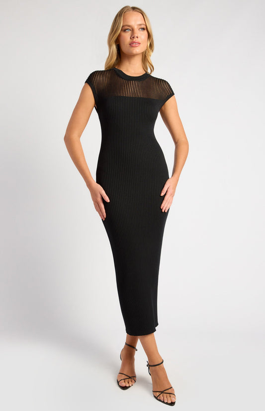 Sheer Stripe Textured Knit Midi Dress