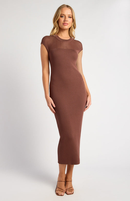 Sheer Stripe Textured Knit Midi Dress