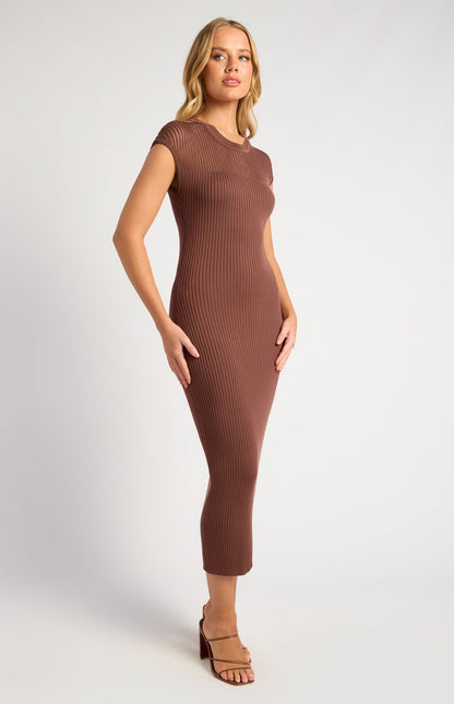Sheer Stripe Textured Knit Midi Dress