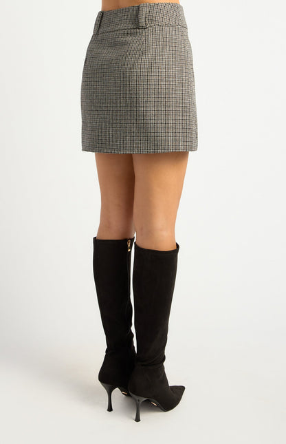 Checkered Mini Skirt with Wide Belt Loops and Button