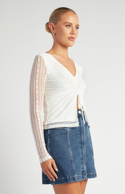 Front Drawstring Detail Stretch Lace Top