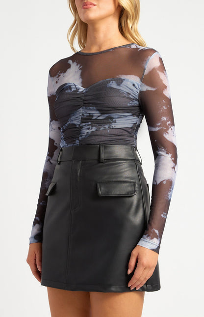 Abstract Print Mesh Top with Ruche Front