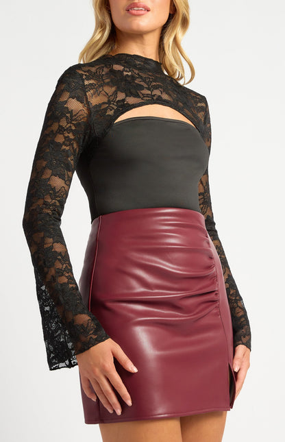 Contrast Fabric Mock Neck Lace Top with Bell Sleeves