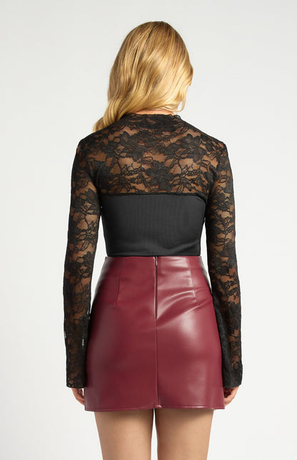 Contrast Fabric Mock Neck Lace Top with Bell Sleeves
