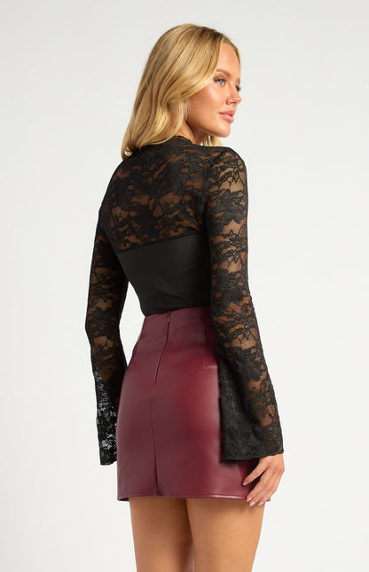 Contrast Fabric Mock Neck Lace Top with Bell Sleeves